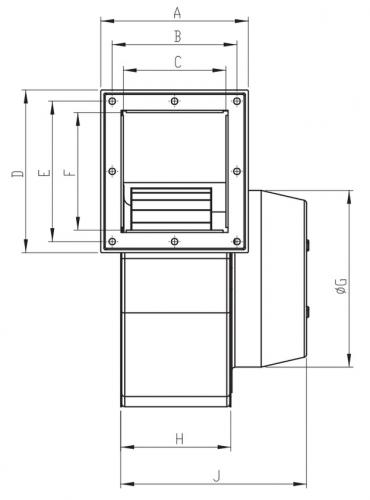 Размеры вентилятора AORB (BDRS 180): A - 150мм; B - 125мм; C - 105мм; D - 163мм; E - 139мм; F - 120мм; G - 174мм; H - 109мм; J - 185мм; 