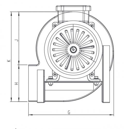 Размеры радиального вентилятора OBR-16M (вид сбоку): G - 204мм; H - 91мм; J - 125мм; K - 216мм; 