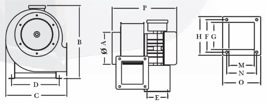 Размеры вентилятора ВРВ-16М : A - 158мм; B - 330мм; C - 285мм; D - 185мм; E - 155мм; F - 150мм; G - 130мм; H - 170мм; M - 130мм; N - 150мм; O - 170мм; P - 395мм; 