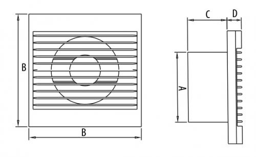 Размер решетки у вентилятора Zefir 120 - B -158х158 мм; толщина решетки - D = 20 мм; глубина патрубка - C = 56 мм; диаметр A=118мм - для воздуховода