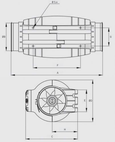 Размеры TD 1000/200 SILENT T: A=568мм; B=198мм; C=327мм; D=264мм; E=145мм; F=340мм; G=129мм; H=164мм