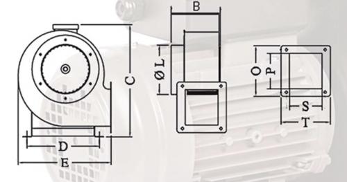 Размеры радиального вентилятора ВР-500: B - 250; C - 350; D - 260; E - 290; L - 160; O - 190; P - 150; S - 80; T - 120 мм