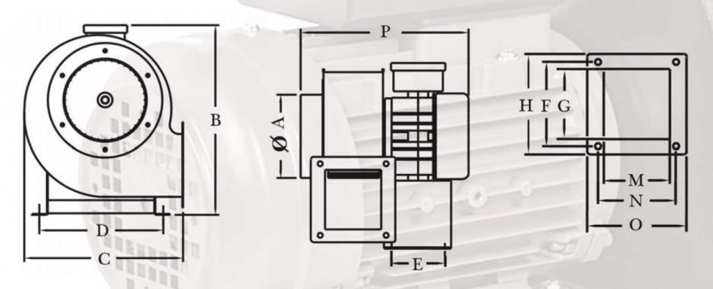 Размеры радиального вентилятора: A - 198; B - 415; C - 370; D - 210; E - 180; F - 195; G - 175; H - 215; M - 145; N - 165; O - 185; P - 435 мм